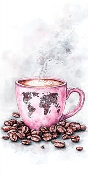 A steaming pink coffee cup decorated with a world map resting on a bed of coffee beans featu frothy intricate designs