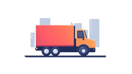 Naklejka premium Vibrant flat design orange delivery truck with urban background for logistics and transport concepts