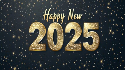 Happy new year 2025 celebration with glittering gold text on dark starry background