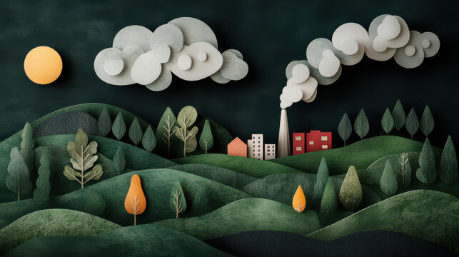 whimsical landscape illustration features rolling green hills, trees, and factory with smoke against dark sky with clouds and sun