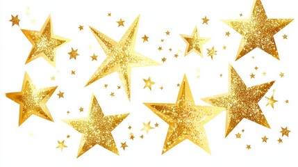 Obraz premium Sparkling gold stars on white background for festive celebrations and decoration design