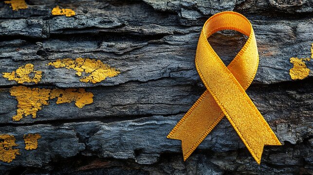 Yellow awareness ribbon on aged, textured wooden bark with peeling yellow paint. Powerful symbol of struggle and endurance for women with endometriosis. Endometriosis Awareness Month representation
