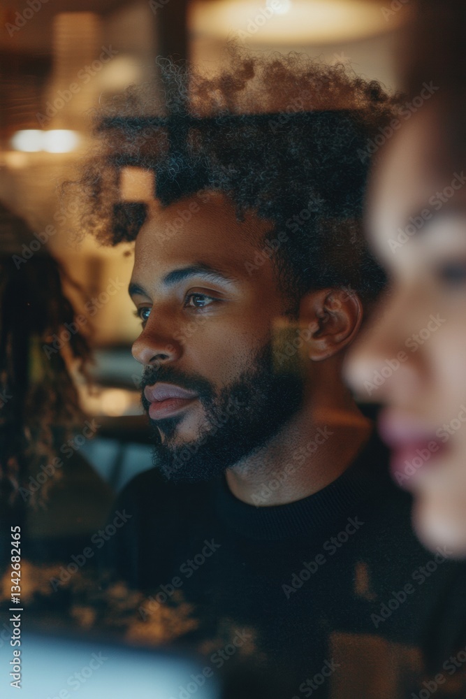 Aufkleber inclusive tech workspace dynamic multicultural professionals collaborating through reflective glass 