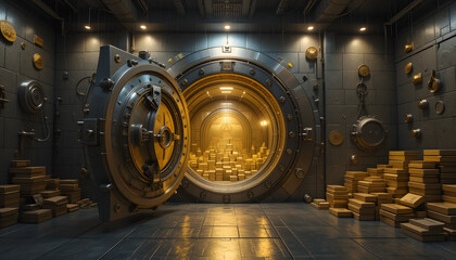 Bank vault with open door store gold bar inside generative ai