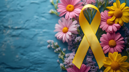 Yellow ribbon with pink and yellow flowers on textured blue background with copy space. Symbol of support, awareness and hope for Endometriosis Awareness Month. Education and women’s health advocacy