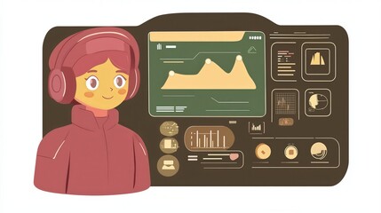 Illustration of a cheerful character with headphones analyzing data on a digital screen.