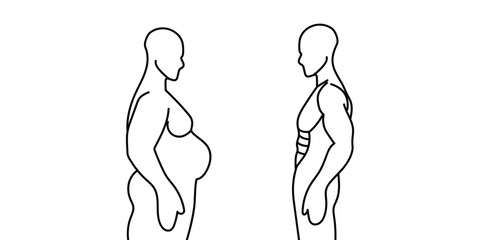 Side profile illustration comparing an overweight body to a fit muscular body, highlighting the benefits of fitness and health, ideal for wellness campaigns or fitness motivation.
