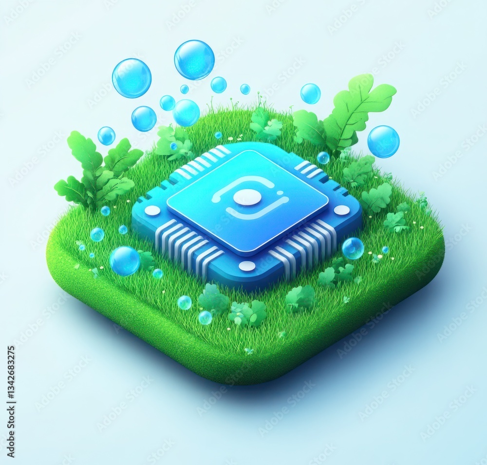 Poster green technology concept featuring colorful microchip surrounded by bubbles and grass representing e