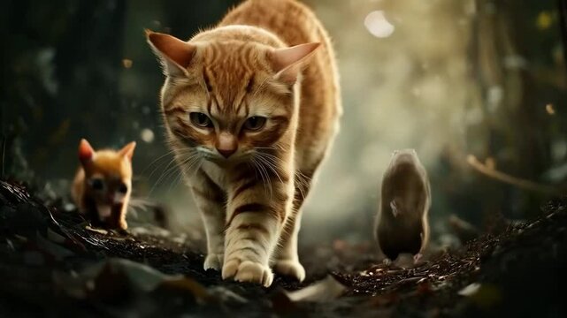 The agile cat stealthily chased the mouse, pouncing with precision in a thrilling pursuit.