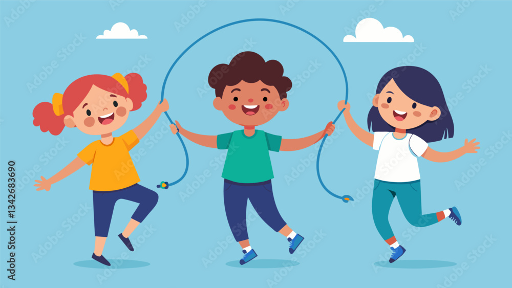 Poster students taking turns jumping over a rope while playing double dutch their faces filled with determi