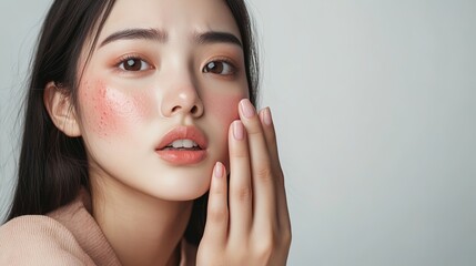 Dermatology Concept: Asian Woman with Itchy, Worried Expression Due to Allergic Skin Reaction, Featuring Red Spots and Rash on Face for Beauty Care and Skin Problem Treatment