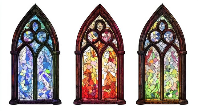 Vibrant stained glass windows with multicolor patterns for decoration and art projects