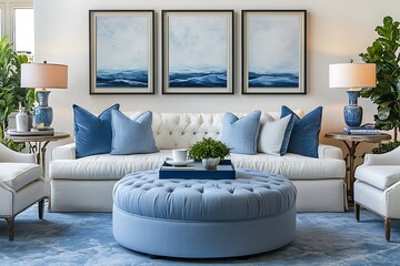 A living room with blue accents, featuring an elegant sofa and plush throw pillows arranged in front of three wall 