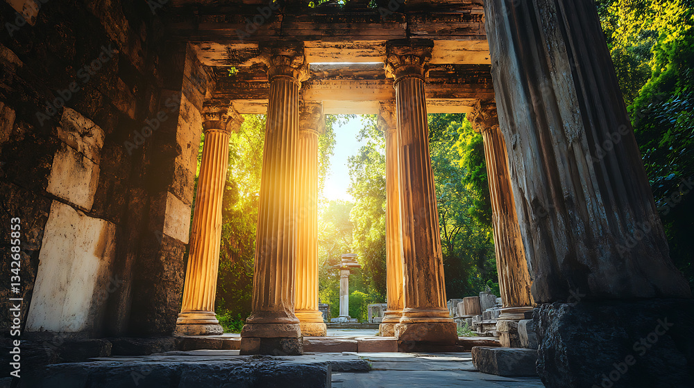 Poster A serene view of ancient columns illuminated by sunlight, surrounded by lush greenery, evoking a sense of history and tranquility