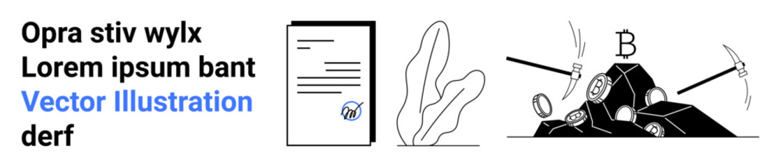 Digital document beside abstract plant and cryptocurrency mining tools extracting Bitcoin from virtual blocks. Ideal for technology, investment, blockchain, cryptocurrency, finance, innovation