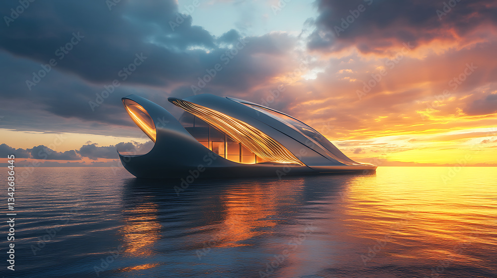 Poster a modern architectural structure resembling a wave, set against a vibrant sunset over calm waters, s