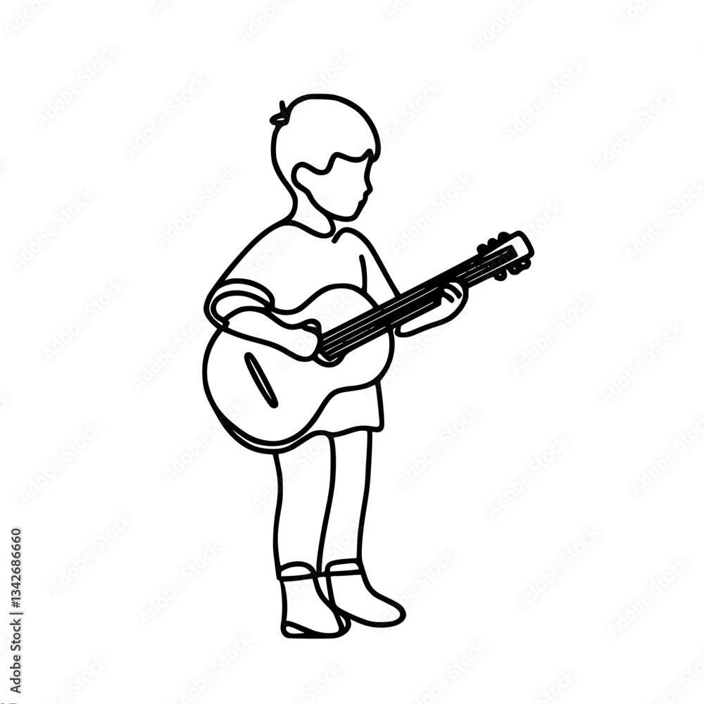 Poster minimalistic linear vector outline drawing of a boy in shorts standing and playing guitar. simple de