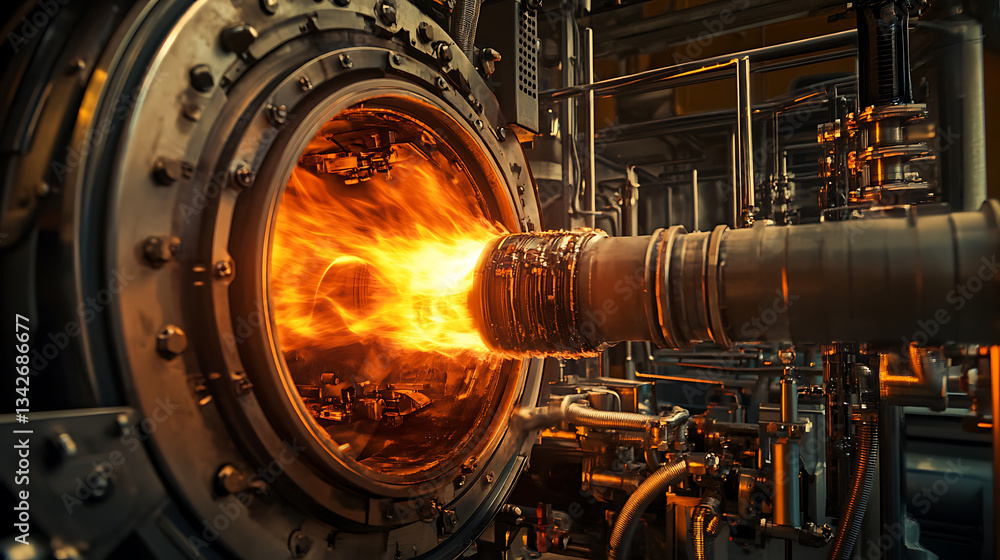 Poster a close-up view of a high-tech machine emitting flames, showcasing intricate metallic components and