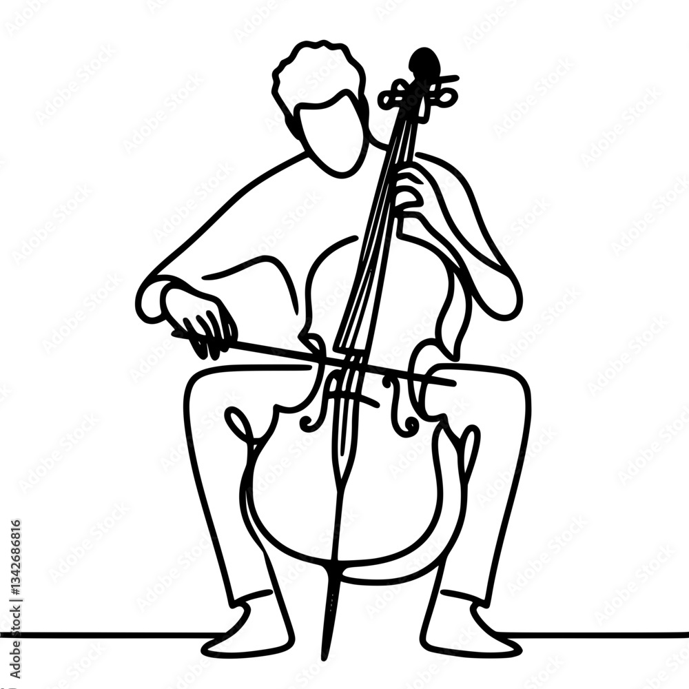 Poster minimalistic outline simple vector drawing of a man sitting on a chair and playing cello, front view