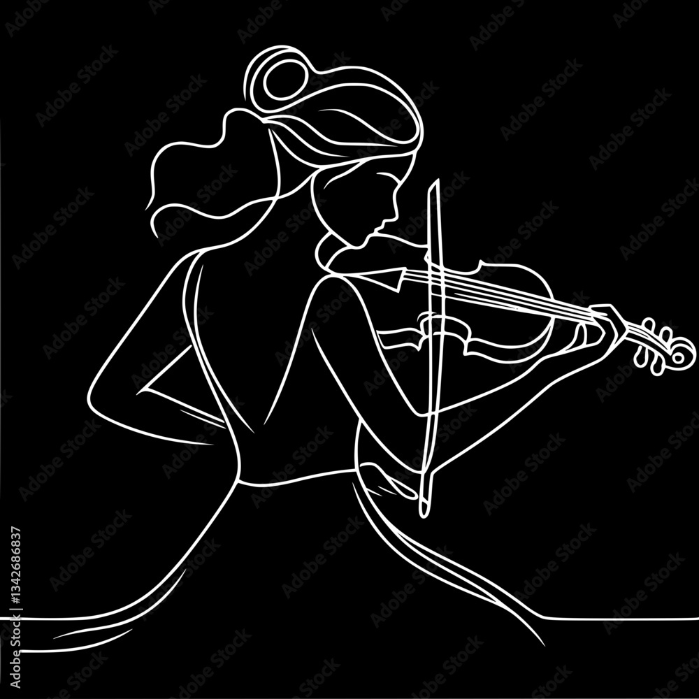 Poster minimalistic one line vector simple drawing of lady in evening dress with open back standing and pla
