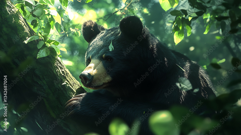 Poster a bear rests on a tree branch, surrounded by lush green leaves, capturing a serene moment in a vibra