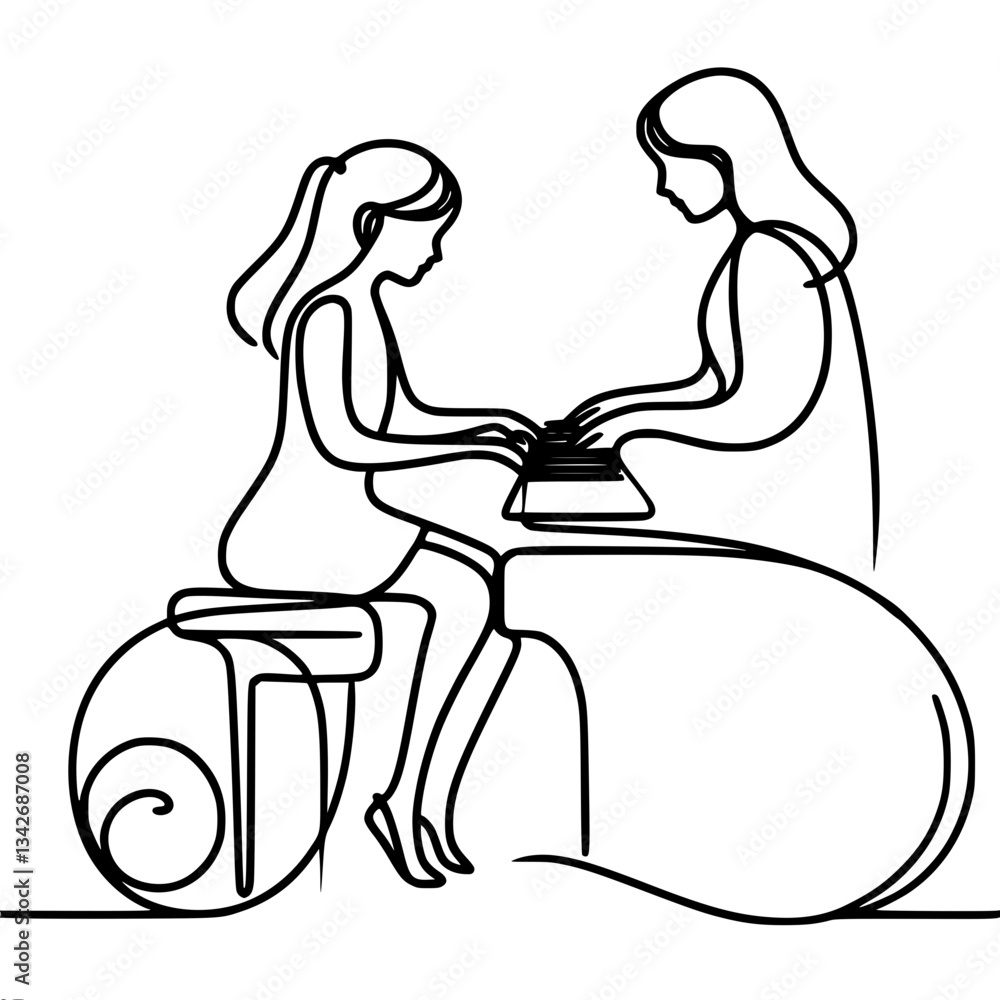 Poster minimalistic line vector drawing of student and teacher teaching piano. the image conveys the moment