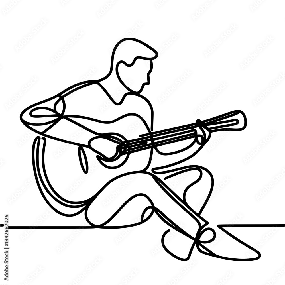 Poster minimalistic outline single line vector drawing of a man playing guitar while sitting on the floor. 
