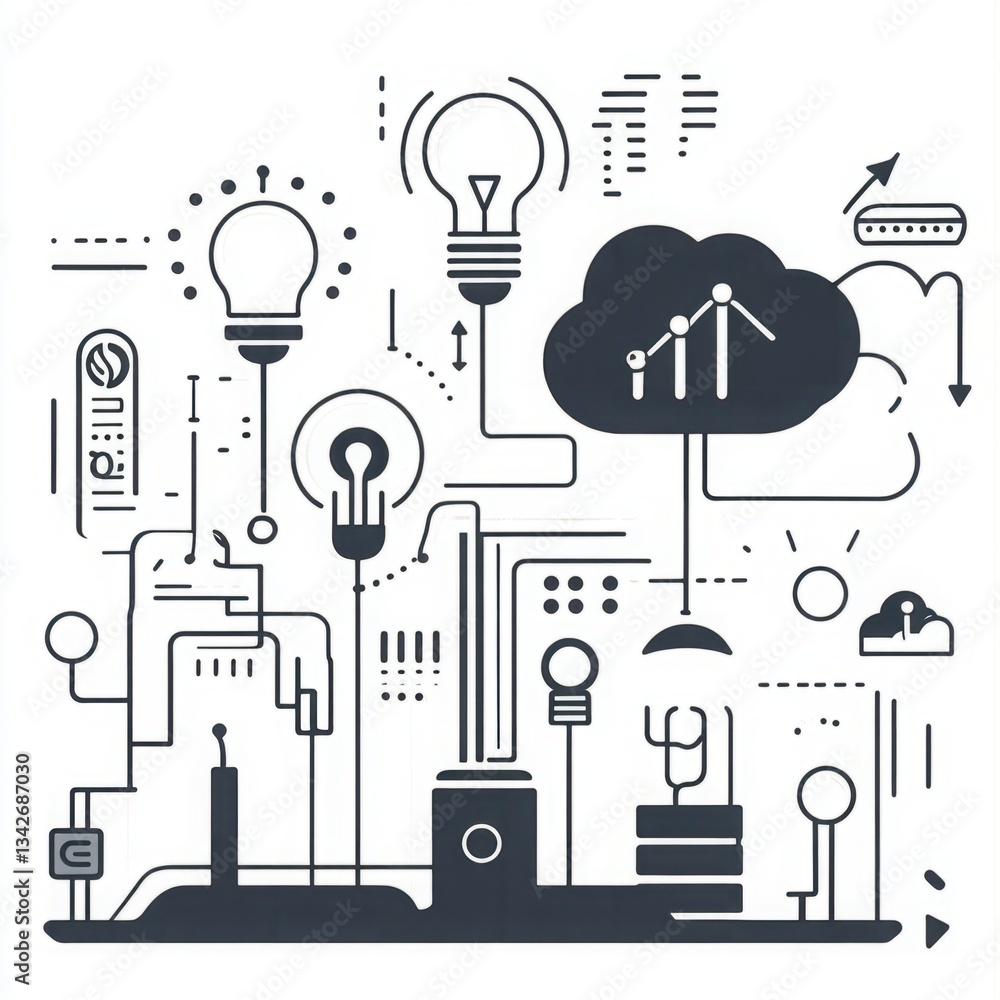 Poster creative illustration showcasing technology, data visualization, and cloud computing concepts with l