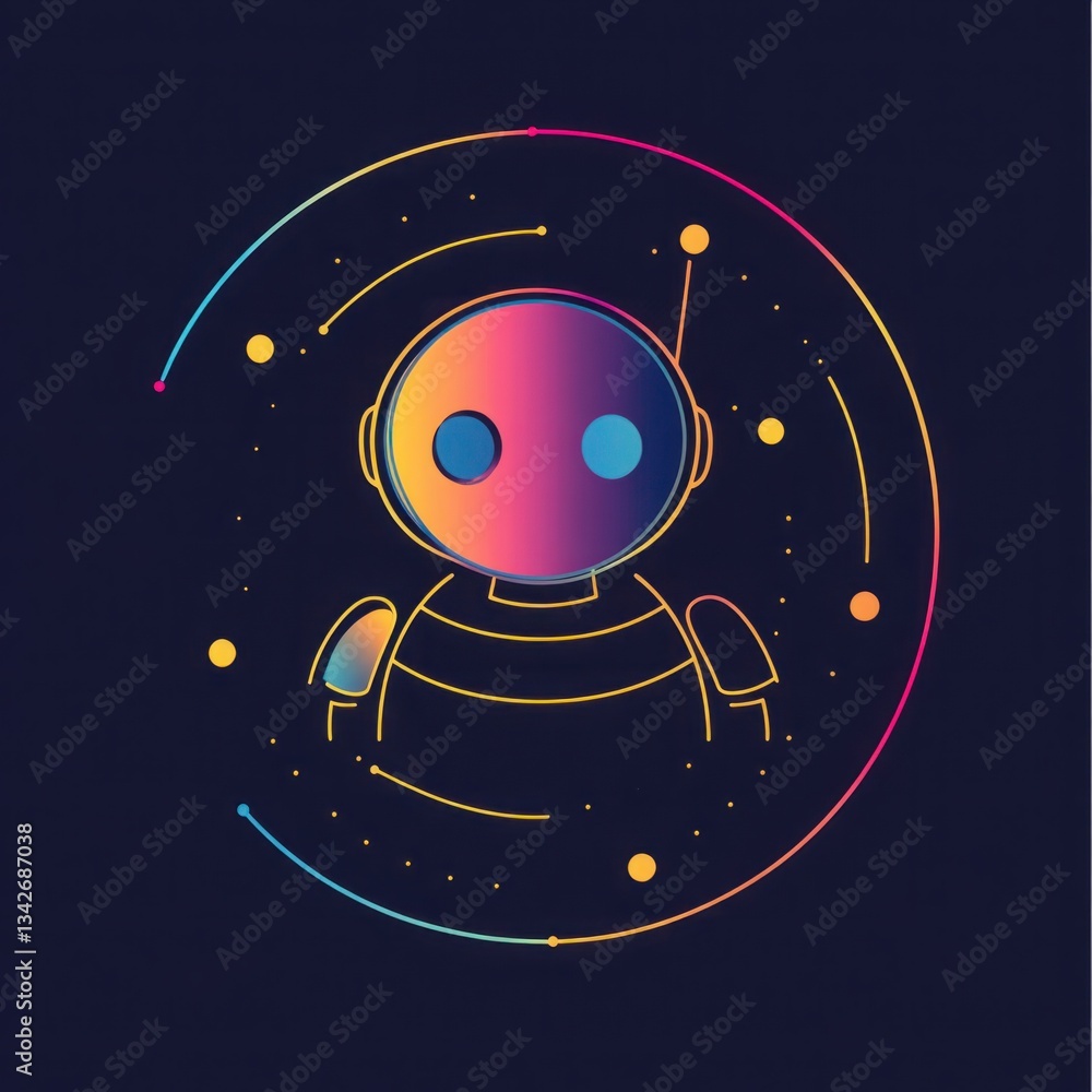Poster colorful robot character in a cosmic environment with geometric elements and a dark background