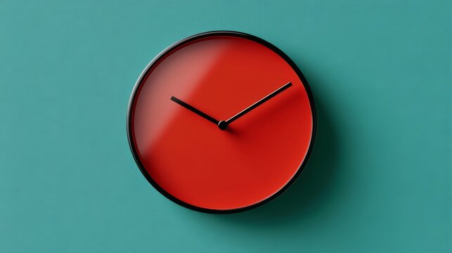 Modern red wall clock on teal background for home decor and time management concepts