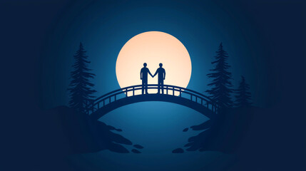 Silhouetted couple on a bridge under a full moon, creating a romantic atmosphere.