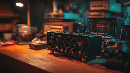 Fototapeta premium A vintage audio mixing console on a wooden table, surrounded by various electronic equipment, set in a dimly lit room with a nostalgic vibe
