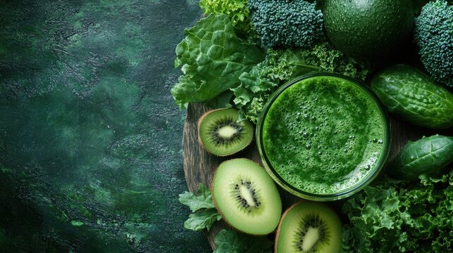 A vibrant green smoothie, a symphony of leafy greens and tropical fruits, poured from a glass onto a wooden surface, a refreshing elixir ready to nourish and revitalize.