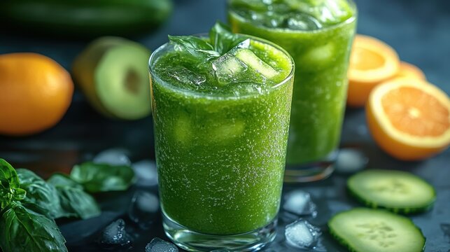 A vibrant emerald smoothie, its ingredients swirling within glasses, promises a healthy and revitalizing experience, ready to be savored and enjoyed.