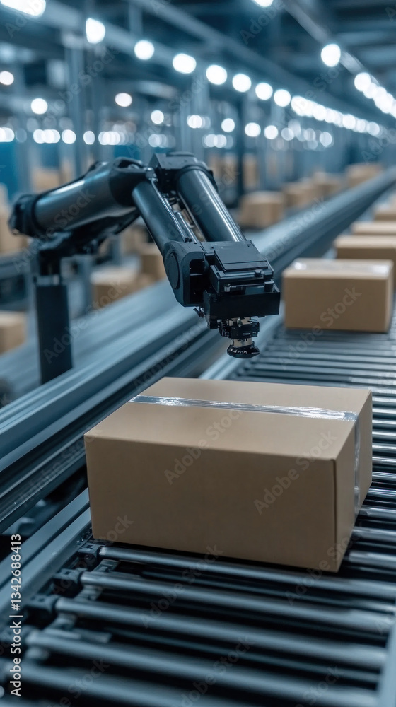 Poster a robotic arm is working on a conveyor belt with boxes. the robot is positioned in the middle of the