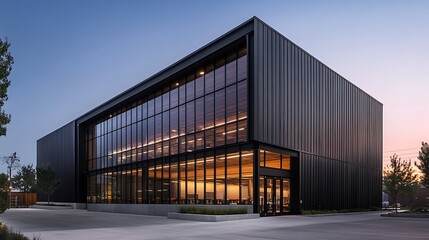 Fototapeta premium Modern Building with Glass Facade and Evening Sky Architectural Design