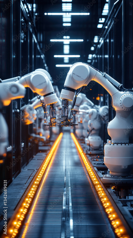 Poster a factory with robots on a conveyor belt. the robots are white and orange