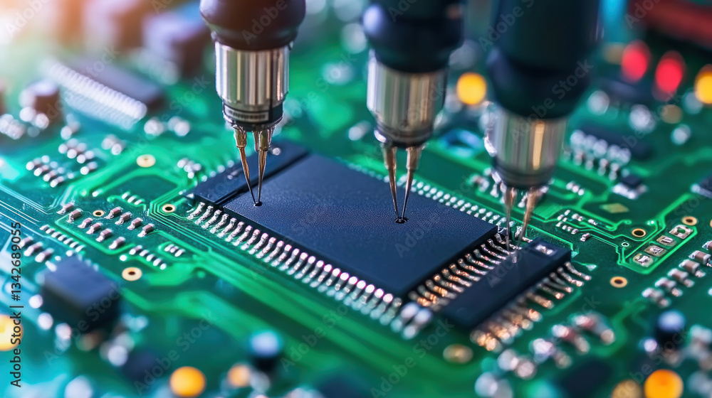 Poster a close up of a circuit board with three small black needles poking into it. concept of precision an