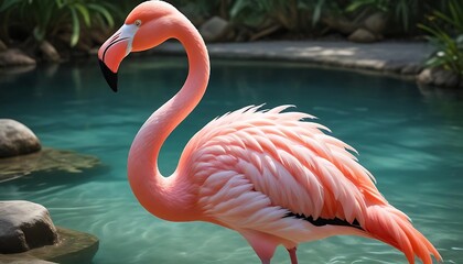 Obraz premium Pink Flamingo by the Pool: A Serene Tropical Scene