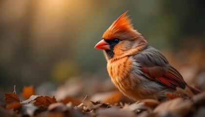 Cardinal Bird Perching Among Fallen Leaves in Autumn Forest Setting
