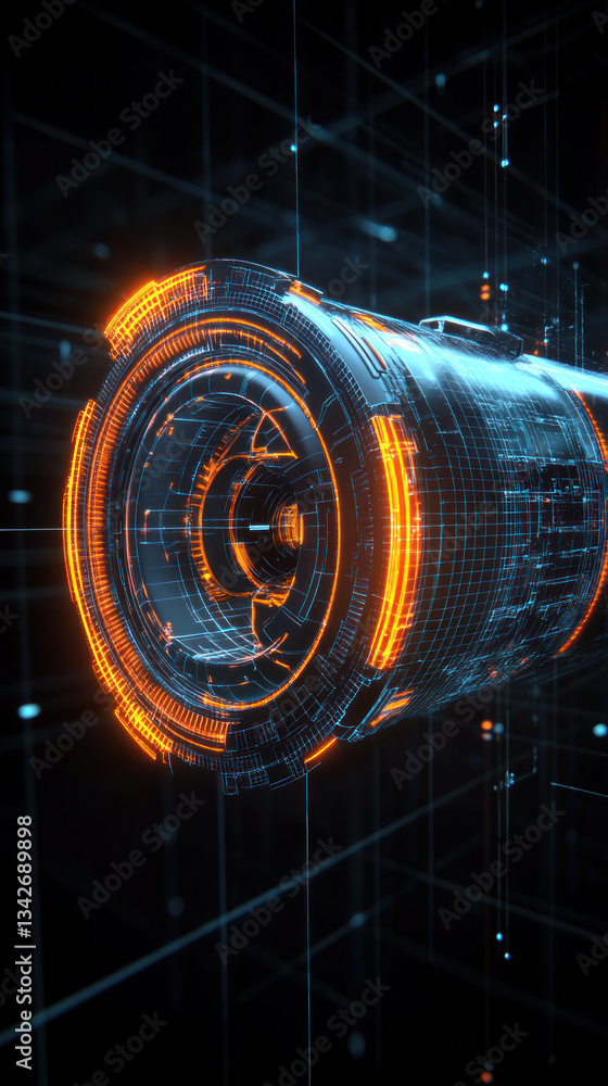 Poster a futuristic looking object with orange and blue colors. the object is surrounded by a grid of lines