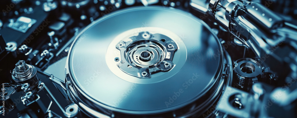 Poster a close up of a hard drive with a blue disk. the disk is spinning and the drive is open