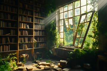 Overgrown Abandoned Library Bookshelves with Sunlight Streaming Through Broken Window