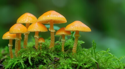Fototapeta premium A verdant tapestry woven with earthy hues, where delicate chanterelle mushrooms, adorned with their golden caps, emerge from the forest floor like tiny jewels.