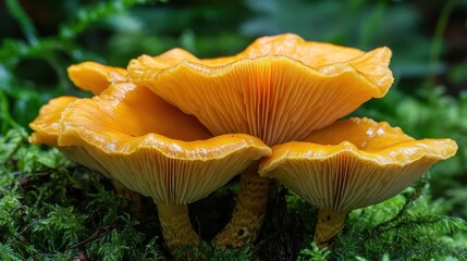 A vibrant tapestry of chanterelle mushrooms, their earthy caps adorned with intricate veins and delicate pores, nestled amongst the lush undergrowth, a testament to the beauty and bounty of the