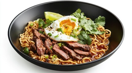 A gourmet-style instant noodle dish with tender beef slices, a poached egg, fresh cilantro, and a squeeze of lime, presented in a sleek black bowl.