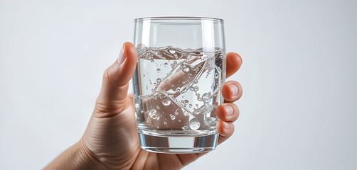 "Realistic Transparent Glass of Water Held by Hand on White Background