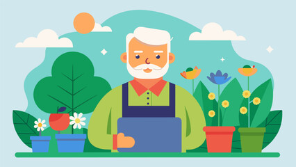 A grandfather who loves gardening shares his knowledge and tips for growing a beautiful garden on his popular Facebook page building a strong community of senior gardeners.. Vector illustration