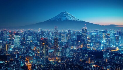 Breathtaking View of Mount Fuji Overlooking a Vibrant Cityscape at Twilight with Illuminated Skyscrapers and Calm Night Sky