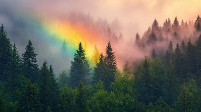 A vibrant rainbow shining through a dense evergreen forest on a misty mountain slope, vivid colors of the rainbow reflecting on the treetops, tall pine and fir trees